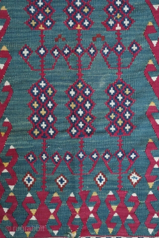 Erzurum Kilim, 19th century.  Excellent, saturated colors. Pomegranates on a blue-green field.  A couple nicks on the border and top right end.  98 x 183 cm    