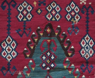 Erzurum Kilim, 19th century.  Excellent, saturated colors. Pomegranates on a blue-green field.  A couple nicks on the border and top right end.  98 x 183 cm    