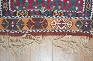 Erzurum Kilim, 19th century.  Excellent, saturated colors. Pomegranates on a blue-green field.  A couple nicks on the border and top right end.  98 x 183 cm    