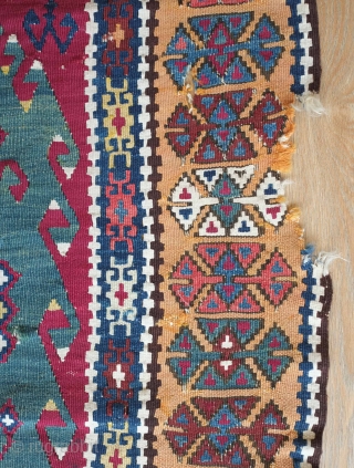 Erzurum Kilim, 19th century.  Excellent, saturated colors. Pomegranates on a blue-green field.  A couple nicks on the border and top right end.  98 x 183 cm    