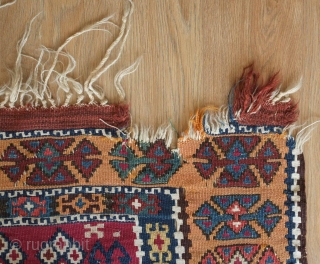 Erzurum Kilim, 19th century.  Excellent, saturated colors. Pomegranates on a blue-green field.  A couple nicks on the border and top right end.  98 x 183 cm    