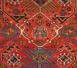 Shirvan rug, 19th century. Abstracted dragon and phoenix motifs in the field.  Exceptional condition.  109 x 146 cm             