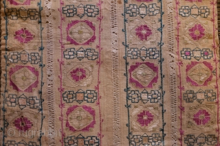 Mihrab Designed Crete Silk Embroidery on Linen, Early to Mid-19th Century.  Wonderful metallic outer border intricately intertwined.  The design is in four elongated mihrab forms filled with cochineal, green and  ...