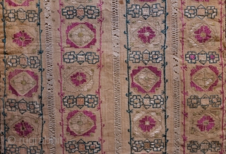 Mihrab Designed Crete Silk Embroidery on Linen, Early to Mid-19th Century.  Wonderful metallic outer border intricately intertwined.  The design is in four elongated mihrab forms filled with cochineal, green and  ...