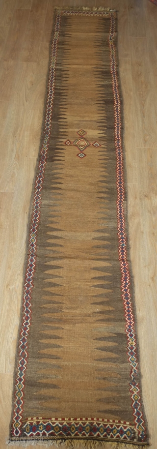 Kordi Runner Kilim, 1900 or so.  Finger-like serrations along the inner field with a stiking extra-weft pendant in the center in natural dyes.  The border is also in extra-weft wrapping  ...