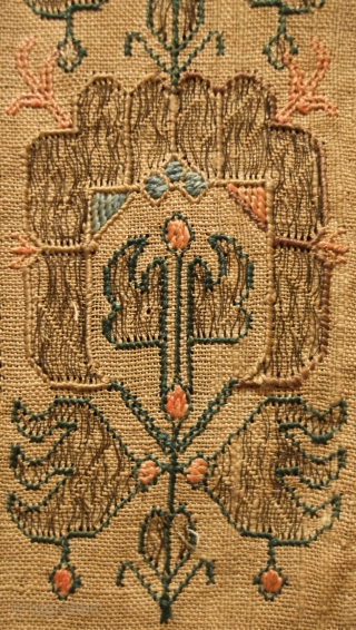 Ottoman peshkir or yaglik end panel, mid to early 19th century, possibly older.  Silk and metallic thread embroidery on linen.  Lacework between the embroidered bands.  The alternating direction of  ...