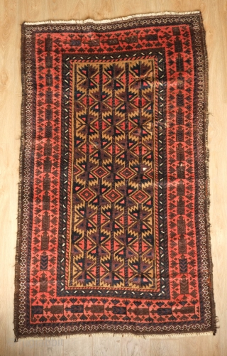 Baluch rug, late 19th/early 20th century.  Excellent colors and shine.  High pile. 
A couple of small areas of damage shown in the last two images.  102 x 170 cm 