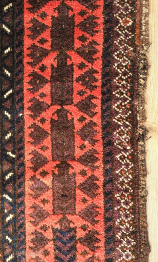 Baluch rug, late 19th/early 20th century.  Excellent colors and shine.  High pile. 
A couple of small areas of damage shown in the last two images.  102 x 170 cm 