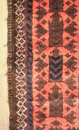 Baluch rug, late 19th/early 20th century.  Excellent colors and shine.  High pile. 
A couple of small areas of damage shown in the last two images.  102 x 170 cm 