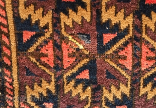 Baluch rug, late 19th/early 20th century.  Excellent colors and shine.  High pile. 
A couple of small areas of damage shown in the last two images.  102 x 170 cm 