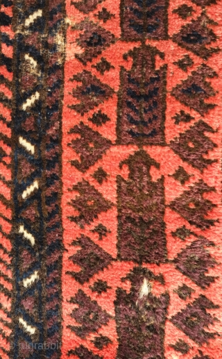 Baluch rug, late 19th/early 20th century.  Excellent colors and shine.  High pile. 
A couple of small areas of damage shown in the last two images.  102 x 170 cm 