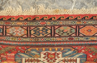 Daghestan Soumak, 19th century of an older type.  Coarser weave.  Dragon motifs flanking the medallions.  Excellent saturated colors.  Some slight wear in a couple of places but otherwise  ...