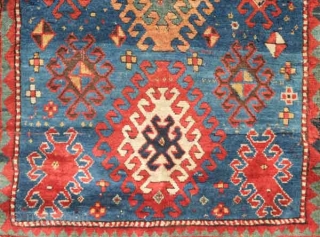 Borchalou Kazak rug, 1880s or so.  Good pile.  Wonderful apricot central hooled medallion.  Wild, amoeba-like hooked forms in the bottom of the field. Good colors. Some minor areas of  ...