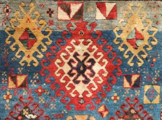 Borchalou Kazak rug, 1880s or so.  Good pile.  Wonderful apricot central hooled medallion.  Wild, amoeba-like hooked forms in the bottom of the field. Good colors. Some minor areas of  ...