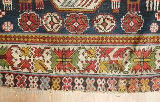Shirvan, Moghan or Shahsavan fragment, third quarter of the 19th century or so.  The crab border is in a wonderful variety of rich colors including a green, yellow and purple-brown. The  ...