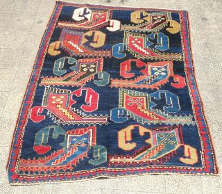 Genje Caucasian rug, late 19th century or 1900 or so.  Wonderful Goradis flower calyx motif field.  Overall good pile with some lower pile in the second leaf from the top  ...