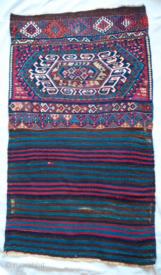 Malatya Heybe Face, Late 19th Century.  Metallic threads and cochineal dyes.  Wonderful graphic.  There are a few spots of chemical color, noticeably in the small areas of grey yarns.  ...