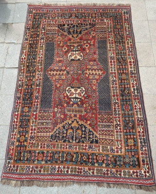 Lori or Qashqa'i Rug, possibly Kashkuli, Late 19th/early 20th Century. Wonderful garden design. All good colors on a coarse weave. Grey warps. There is a small repair which can be seen in  ...