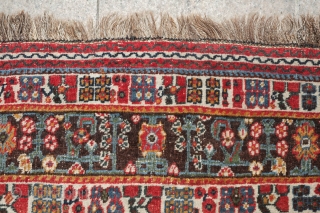 Lori or Qashqa'i Rug, possibly Kashkuli, Late 19th/early 20th Century. Wonderful garden design. All good colors on a coarse weave. Grey warps. There is a small repair which can be seen in  ...