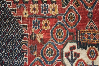 Lori or Qashqa'i Rug, possibly Kashkuli, Late 19th/early 20th Century. Wonderful garden design. All good colors on a coarse weave. Grey warps. There is a small repair which can be seen in  ...