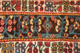 Lori or Qashqa'i Rug, possibly Kashkuli, Late 19th/early 20th Century. Wonderful garden design. All good colors on a coarse weave. Grey warps. There is a small repair which can be seen in  ...