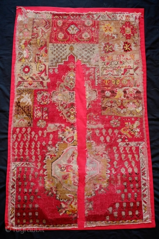 Mudjur-Kirsehir Prayer Rug Sampler/Wagireh, Mid-20th Century.  It has a tear down the middle but has been mounted on a thick red cotton fabric. The wool is of excellent quality.  Not  ...