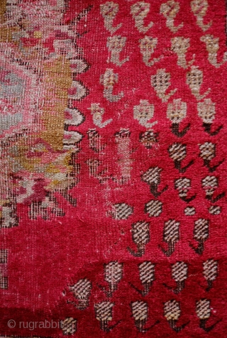 Mudjur-Kirsehir Prayer Rug Sampler/Wagireh, Mid-20th Century.  It has a tear down the middle but has been mounted on a thick red cotton fabric. The wool is of excellent quality.  Not  ...