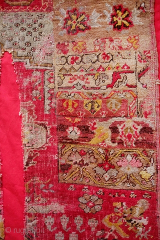 Mudjur-Kirsehir Prayer Rug Sampler/Wagireh, Mid-20th Century.  It has a tear down the middle but has been mounted on a thick red cotton fabric. The wool is of excellent quality.  Not  ...