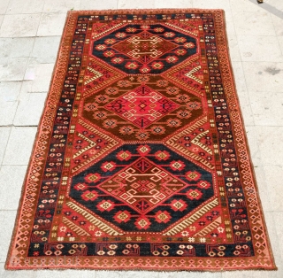 Kyrgyz Rug, Late 19th or early 20th Century.  Wonderful design.  All good colors with some chemical in the bright red.  It has a few small well done repairs.   ...