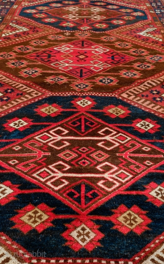 Kyrgyz Rug, Late 19th or early 20th Century.  Wonderful design.  All good colors with some chemical in the bright red.  It has a few small well done repairs.   ...