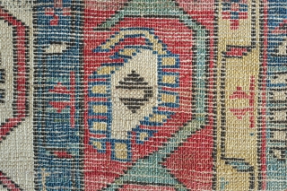 Genje Shawl Design Rug, 4th quarter of the 19th century.  Wonderful array of colors, counting around seven.  The Kashmir boteh shawl design is elegantly articulated in wider stripes than usual.  ...
