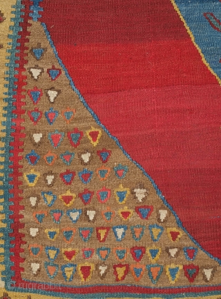 Bijar Kilim, 19th century.  Deeply saturated jewel-like colors.  There is something undeniably spiritual about this piece.  The top and bottom diamonds feature sun motifs with either birds linked wing  ...