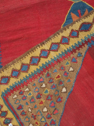 Bijar Kilim, 19th century.  Deeply saturated jewel-like colors.  There is something undeniably spiritual about this piece.  The top and bottom diamonds feature sun motifs with either birds linked wing  ...