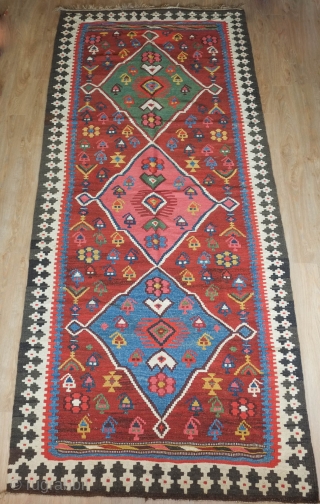 Bidjar Kilim, 19th century.  Wonderful colors.  A myriad of botehs, florettes, and human figures.  Great condition.  152 x 338 cm         