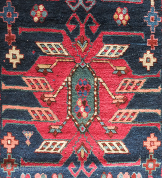 Talish long rug, 19th century.  Fantastic colors. Eagle medallions on a deep indigo ground.  Striking border in a colorful array of stepped medallions. Contains around nine colors.  A few  ...