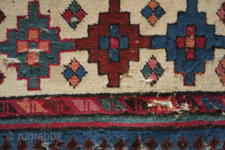 Talish long rug, 19th century.  Fantastic colors. Eagle medallions on a deep indigo ground.  Striking border in a colorful array of stepped medallions. Contains around nine colors.  A few  ...
