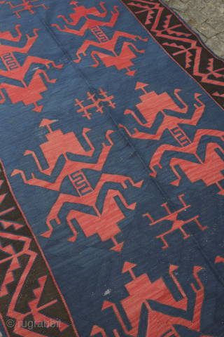 Avar-Davaghin Daghestan kilim, 19th century. Deeply saturated colors.  Zoomorphic dragon motifs in the deep indigo field with a small bird between two of the dragons shown in the fourth image --  ...