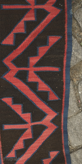 Avar-Davaghin Daghestan kilim, 19th century. Deeply saturated colors.  Zoomorphic dragon motifs in the deep indigo field with a small bird between two of the dragons shown in the fourth image --  ...