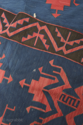 Avar-Davaghin Daghestan kilim, 19th century. Deeply saturated colors.  Zoomorphic dragon motifs in the deep indigo field with a small bird between two of the dragons shown in the fourth image --  ...