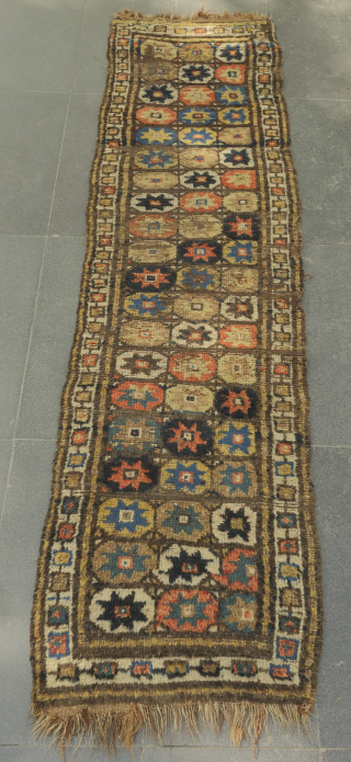 Zakatala Caucasus runner early 19th century. A wild and rare old weaving from the western area of Azerbaijan bearing some resemblances to Bozkir weavings from around Konya in Turkey. It is possibly ...