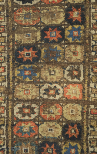 Zakatala Caucasus runner early 19th century. A wild and rare old weaving from the western area of Azerbaijan bearing some resemblances to Bozkir weavings from around Konya in Turkey. It is possibly ...