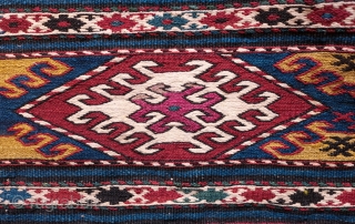 Caucasian Mafrash. Possibly Karabagh. Fourth quarter of the 19th Century. Wonderful deeply saturated natural colors.  This one has a touch of chemical dye in one of the central hooked medallions.   ...