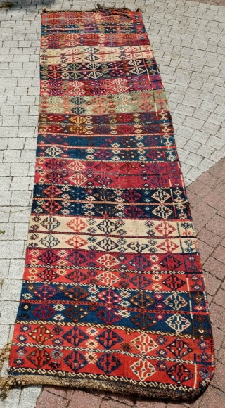 Malatya Kilim, 19th Century.  Fantastic colors.  It has a small hole in one of the ends obscursed by the end braiding otherwise in great condition.  70 x 274 cm.  ...