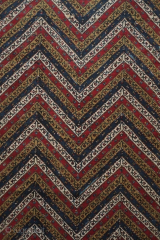 Kalamkar, 4th Quarter of 19th Century, Persian.  Wonderful evocative zigzag design.  Fine blockprinting.  Attention to detail in the kalamkar border on the back side.  Silk backing.  88  ...