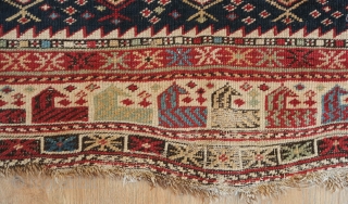 Marasali-Shirvan Prayer rug, 1880s or so.  Birds in the borders.  Overall boteh motifs with animals in a few locations.  Beautiful color combination mostly if not all natrual dyes.   ...