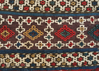 Borchalo Kilim, 19th century. Embroidered motifs all over. Its colors are wonderful deeply saturated natural dyes. Some of the bands are in a very deep purple. 155 x 233 cm danauger@tribalgardenrugs.com  