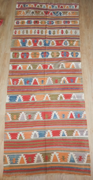 Sivrihisar Kilim, roughly mid-19th century.  Wonderdfully mellowed and balanced colors with a beautiful apricot and light purple.  Six to seven colors were used in this kilim. Design variation increases as  ...