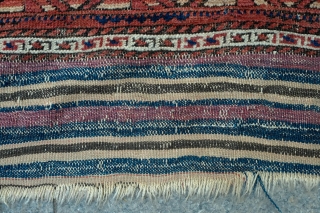 Baluch Rug, Torbat-e Haidari? 3rd to 4th quarter of the 19th Century.  Wonderfully archaic border. It appears that the rug was started by a younger, less experienced weaver and then continued  ...