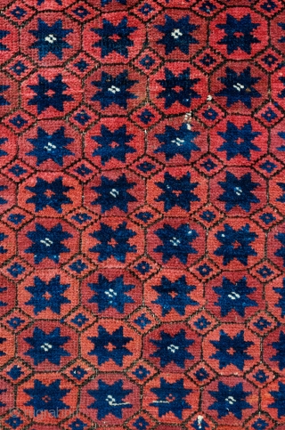 Baluch Rug, Torbat-e Haidari? 3rd to 4th quarter of the 19th Century.  Wonderfully archaic border. It appears that the rug was started by a younger, less experienced weaver and then continued  ...