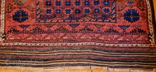 Baluch Rug, Torbat-e Haidari? 3rd to 4th quarter of the 19th Century.  Wonderfully archaic border. It appears that the rug was started by a younger, less experienced weaver and then continued  ...